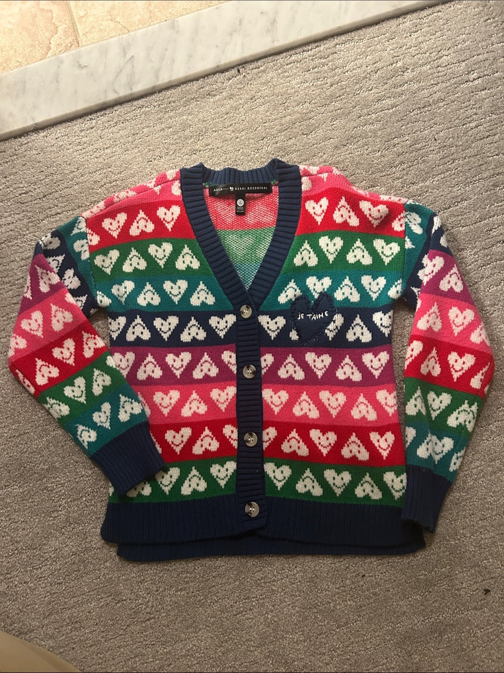 Girls Aqua X Kerri Rosenthal Multicolor Heart-Pattern Cardigan - Je T'aime